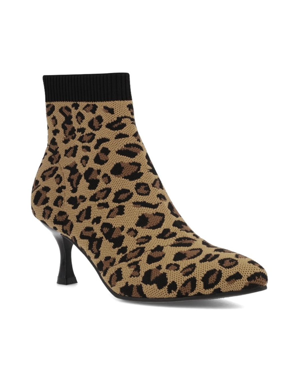 Leopard Knit Sock Pointed Toe Ankle Bootie with Kitten Heel - Size 7